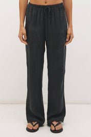 Relaxed straight leg drawstring pants in cupro blend twill with scalloped lace hem and elastic waistband