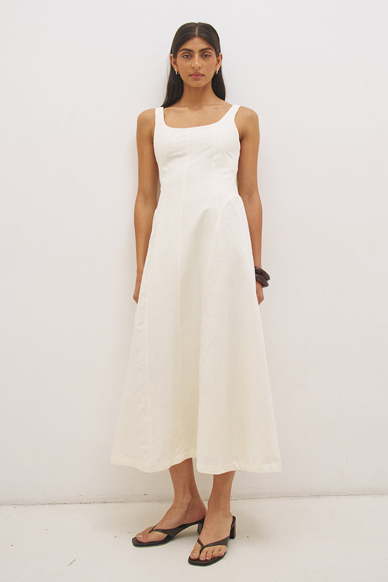Linen blend strappy maxi dress with fit and flare silhouette, embroidered panels, scooped neckline and back cut-out detail