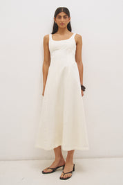 Linen blend strappy maxi dress with fit and flare silhouette, embroidered panels, scooped neckline and back cut-out detail