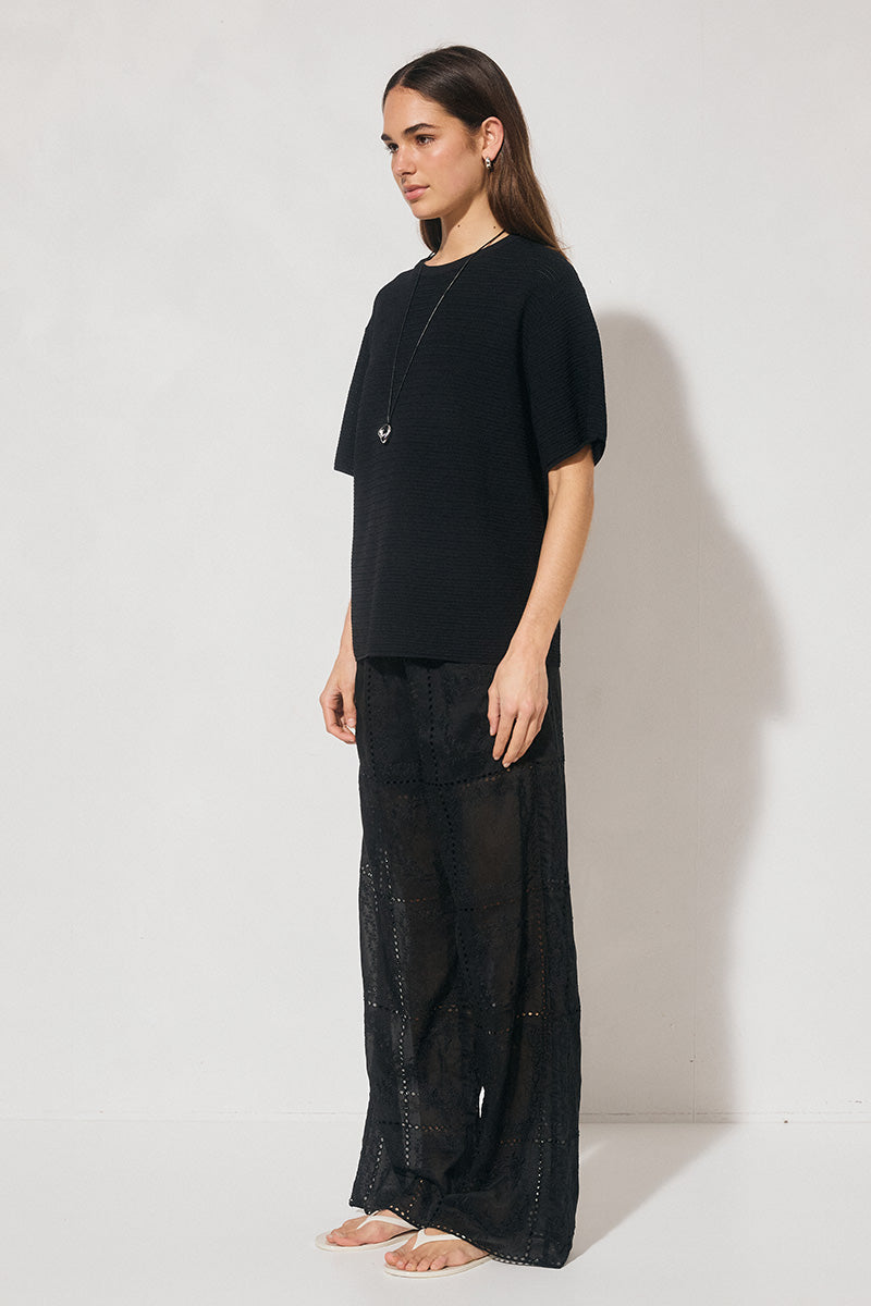 Oversized knitted tee shirt with round neckline and ribbed neck band in soft viscose-blend knit