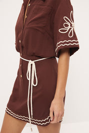 Embroidered mini shirt dress in linen blend with blouson silhouette, cornelli embroidery and rope waist tie