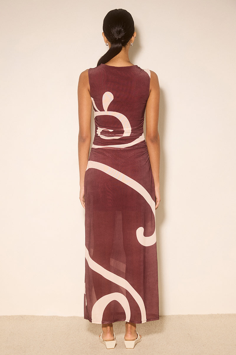 Sleeveless mesh maxi dress with handcrafted placement print, draped cowl neckline and flattering waist gathers, featuring a skimming fit and midi-to-maxi length.
