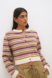 Relaxed fit striped knit cardigan with button front, contrast rib trim and wide sleeves in soft wool blend
