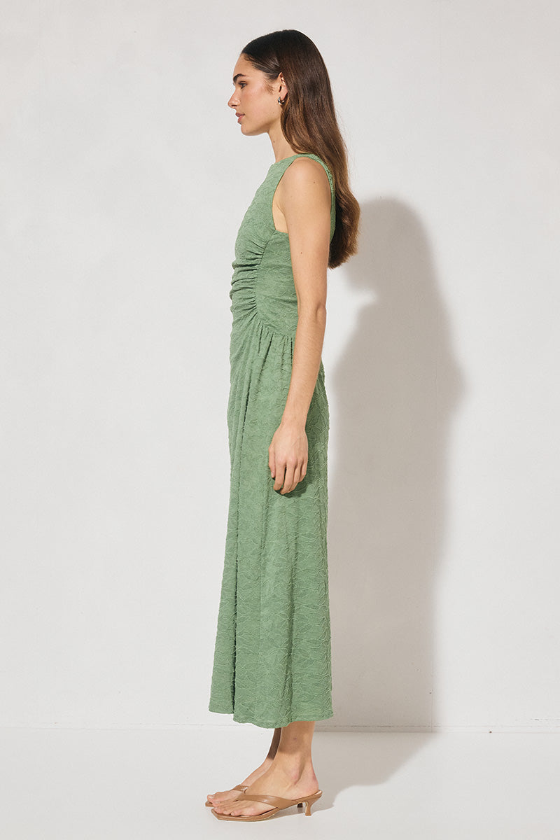 Fit & flare lace midi dress with boat neckline and gathered bodice