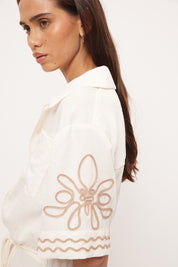 Embroidered mini shirt dress in linen blend with blouson silhouette, cornelli embroidery and rope waist tie