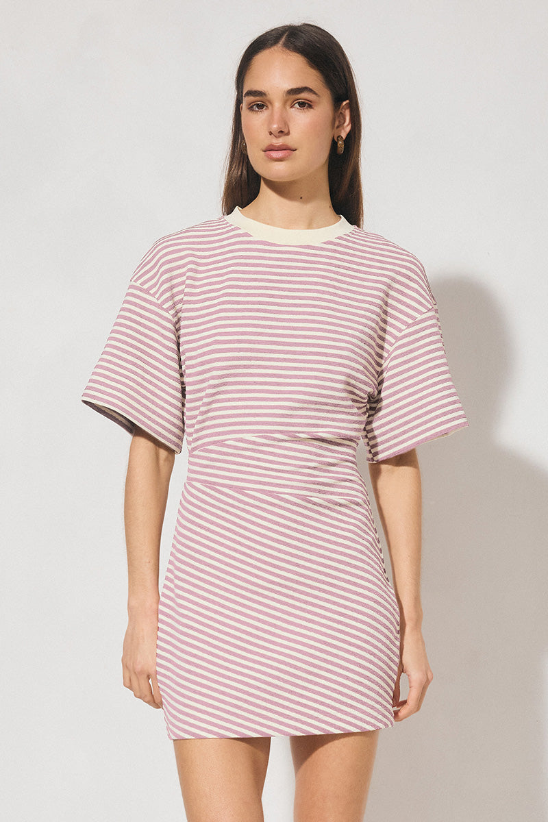Striped bonded knit tee shirt mini dress with oversized fit, cinched waist, wide sleeves, and crew neckline
