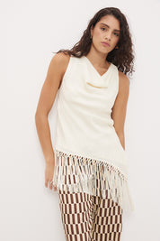 Sleeveless bias-cut longline top in brushed woven fabric with cowl neckline and macrame tassel hem