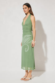 Mesh halter midi dress with body-skimming silhouette and halter tie