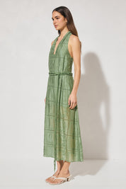 ELOWEN Halter Midi Dress in semi-sheer embroidered fabric with V-neck halter neckline, A-line swing silhouette, and removable macramé waist belt