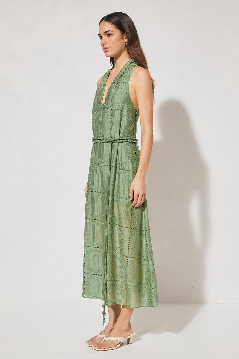 ELOWEN Halter Midi Dress in semi-sheer embroidered fabric with V-neck halter neckline, A-line swing silhouette, and removable macramé waist belt