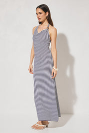 Knitted halter neck dress with asymmetrical cowled neckline, bodycon fit, contrast bead strap detail, and fit-and-flare silhouette