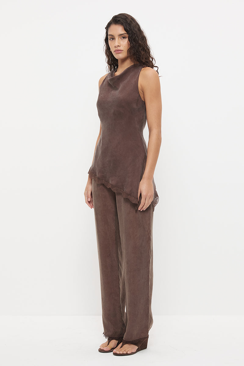 Sleeveless longline bias top with cowl neckline, scalloped lace hem and asymmetrical hem in silky cupro blend fabric