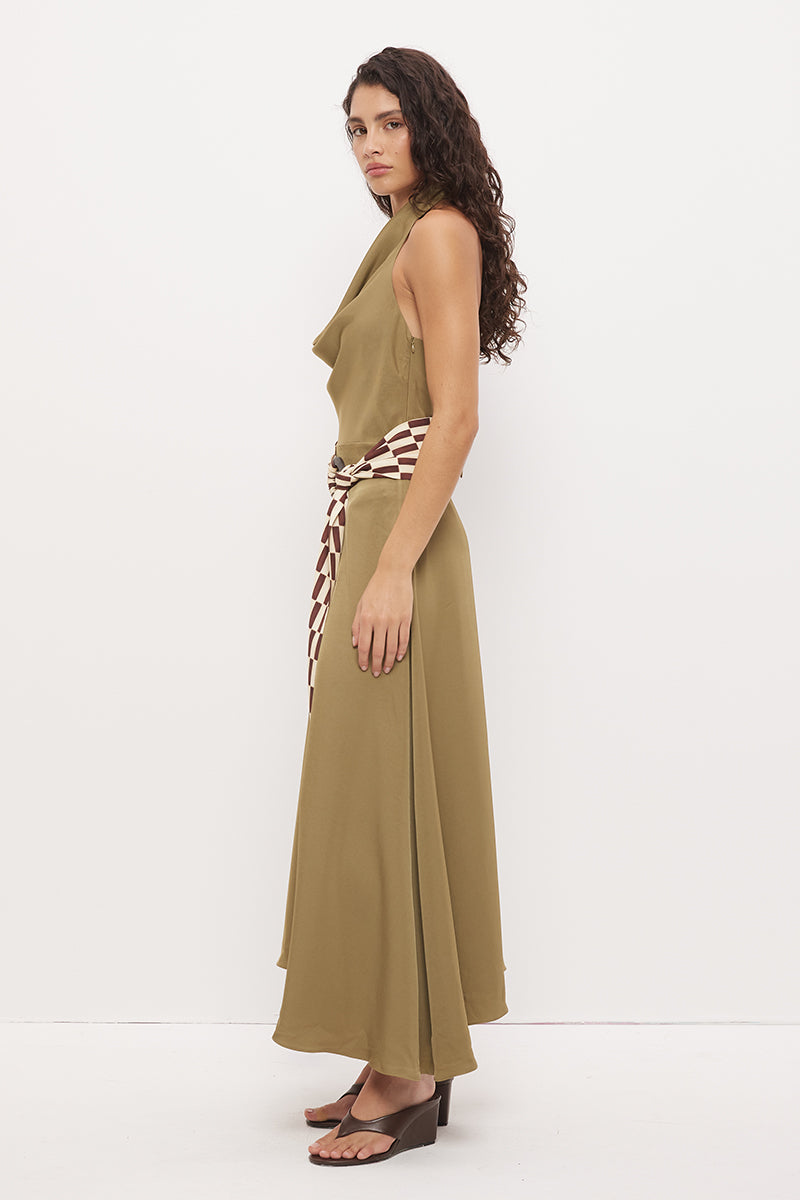 Halter neck maxi dress in sateen with cowled neckline and contrast wooden ring belt