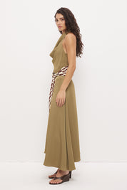 Halter neck maxi dress in sateen with cowled neckline and contrast wooden ring belt