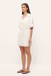 Embroidered mini shirt dress in linen blend with blouson silhouette, cornelli embroidery and rope waist tie