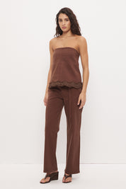 Strapless denim top with A-line silhouette and scallop lace trim hemline