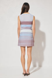 Sleeveless ombre mesh mini dress with sheer shoulder yoke, boat neckline, waist ruching and A-line skirt