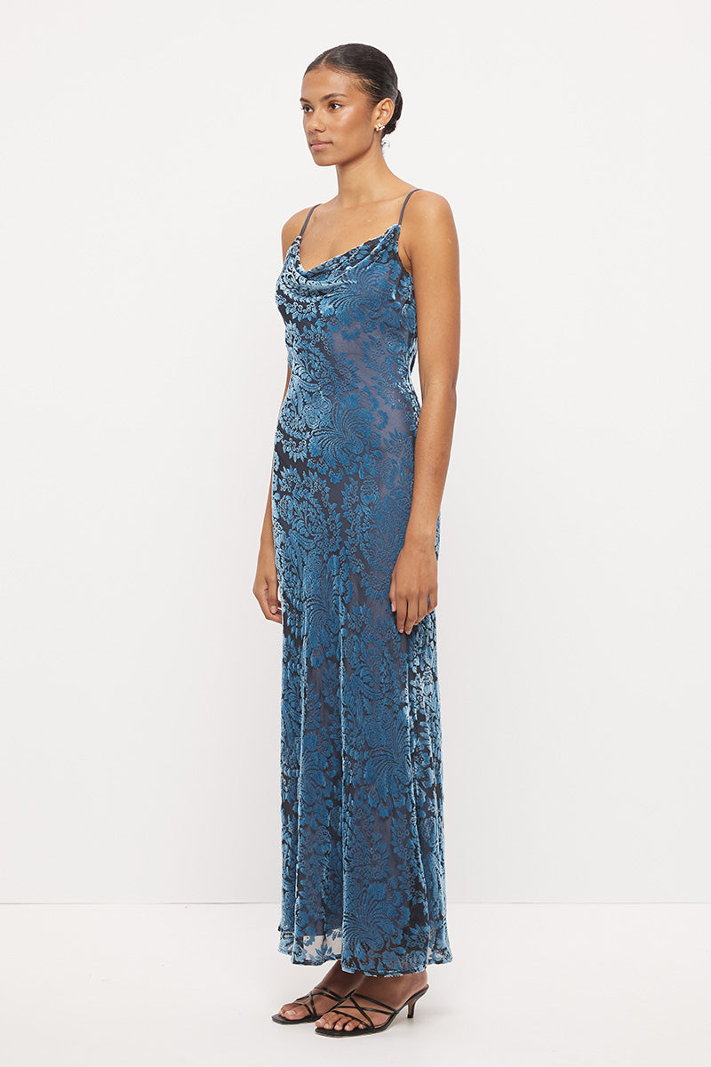 Bias cut maxi slip dress in devoré velvet with cowl neckline and contrast satin straps