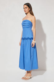 Strapless midi dress with scalloped embroidery, straight neckline, gathered bust, elasticated side panels, and full gathered fit-and-flare skirt