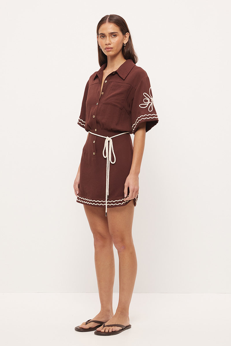 Embroidered mini shirt dress in linen blend with blouson silhouette, cornelli embroidery and rope waist tie