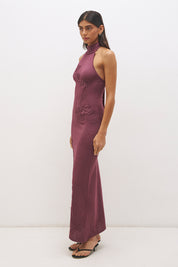 Knitted halter neck maxi dress with floral appliqué, turtleneck band, bodycon bodice and fit and flare skirt