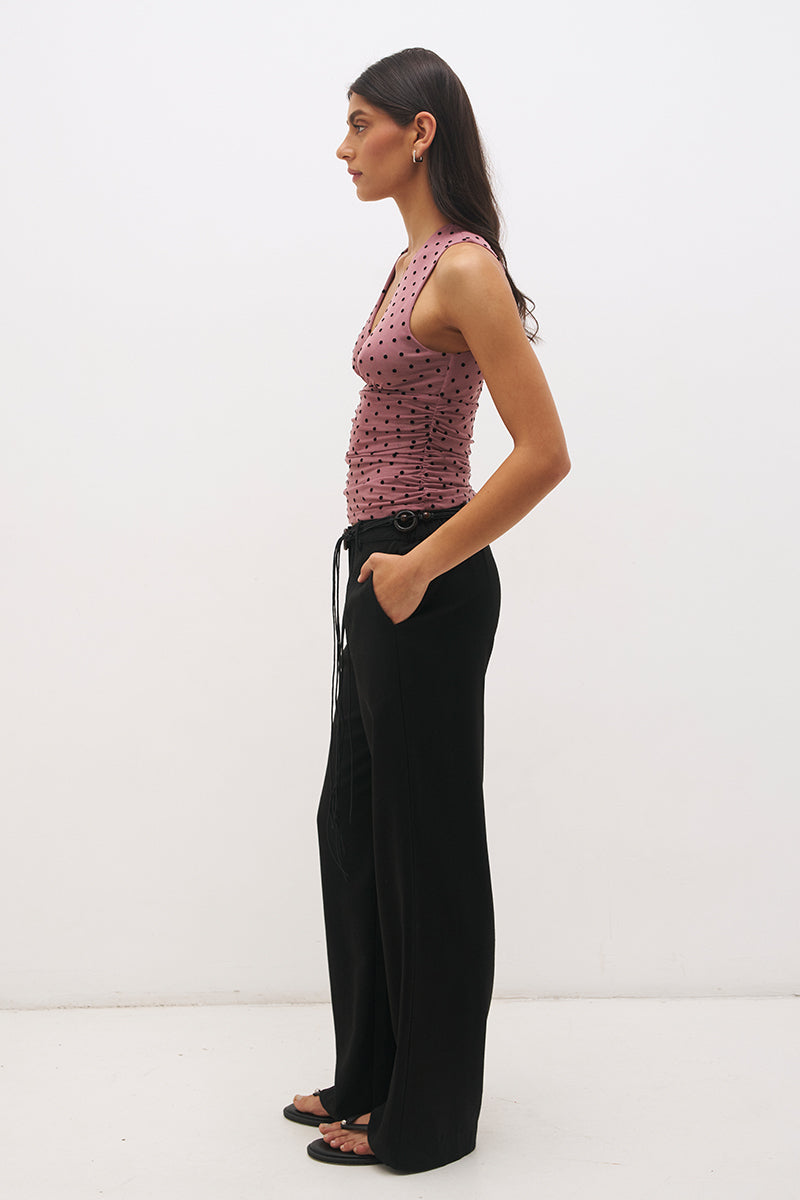 Rosewood and black sleeveless flocked polka dot mesh midi dress with plunging V-neckline, empire seam and A-line skirt