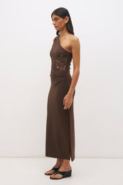 One shoulder stretch crepe midi dress with asymmetrical neckline, contrast embroidery and column silhouette with side split