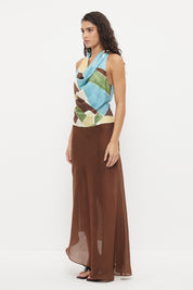 Halter neck top in sateen with cowled pleated neckline in exclusive handcrafted print