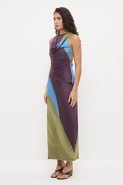 Sleeveless column dress with draped cowl neckline, asymmetric overlay bodice and exclusive handcrafted print – fitted midi length