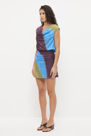Sleeveless mini dress with cowl neckline, blouson bodice and exclusive handcrafted print – lightweight stretchy mesh