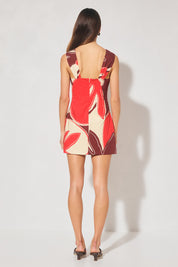 Handcrafted print sleeveless mini dress with plunging V neckline, cascading ruching, angled waist tucks, and wide back straps