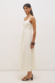 Linen blend strappy maxi dress with fit and flare silhouette, embroidered panels, scooped neckline and back cut-out detail