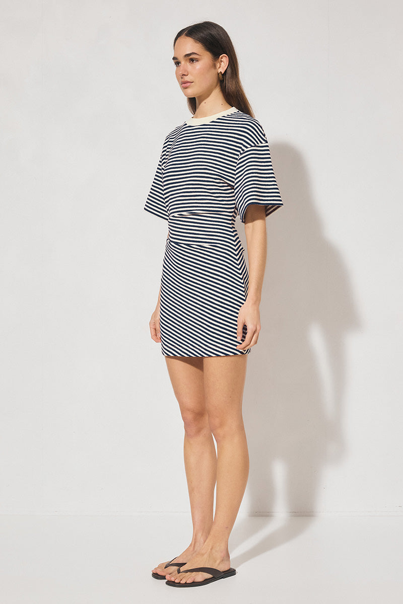 Striped bonded knit tee shirt mini dress with oversized fit, cinched waist, wide sleeves, and crew neckline