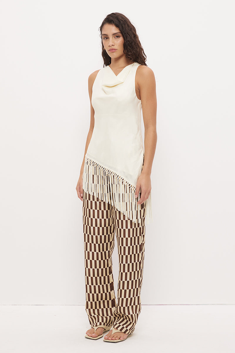 Sleeveless bias-cut longline top in brushed woven fabric with cowl neckline and macrame tassel hem