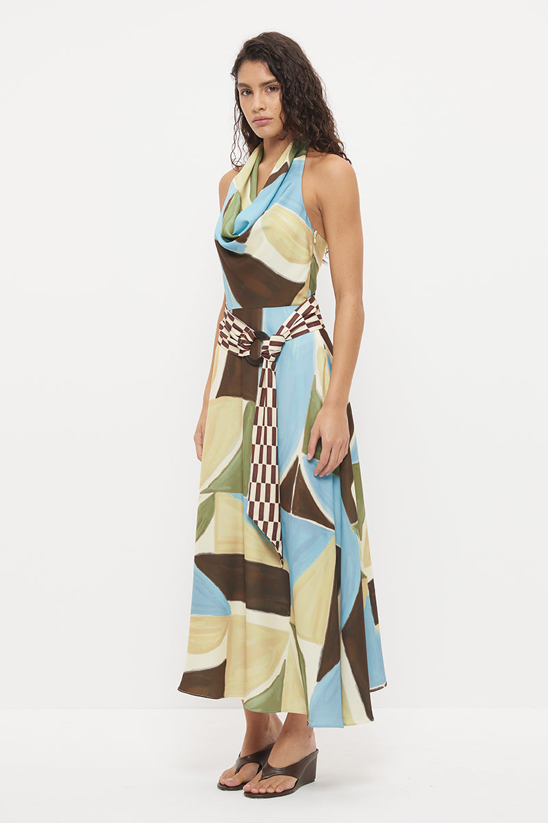 Halter neck maxi dress in sateen with cowled neckline and contrast wooden ring belt