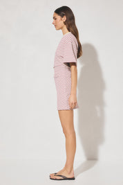 Striped bonded knit tee shirt mini dress with oversized fit, cinched waist, wide sleeves, and crew neckline