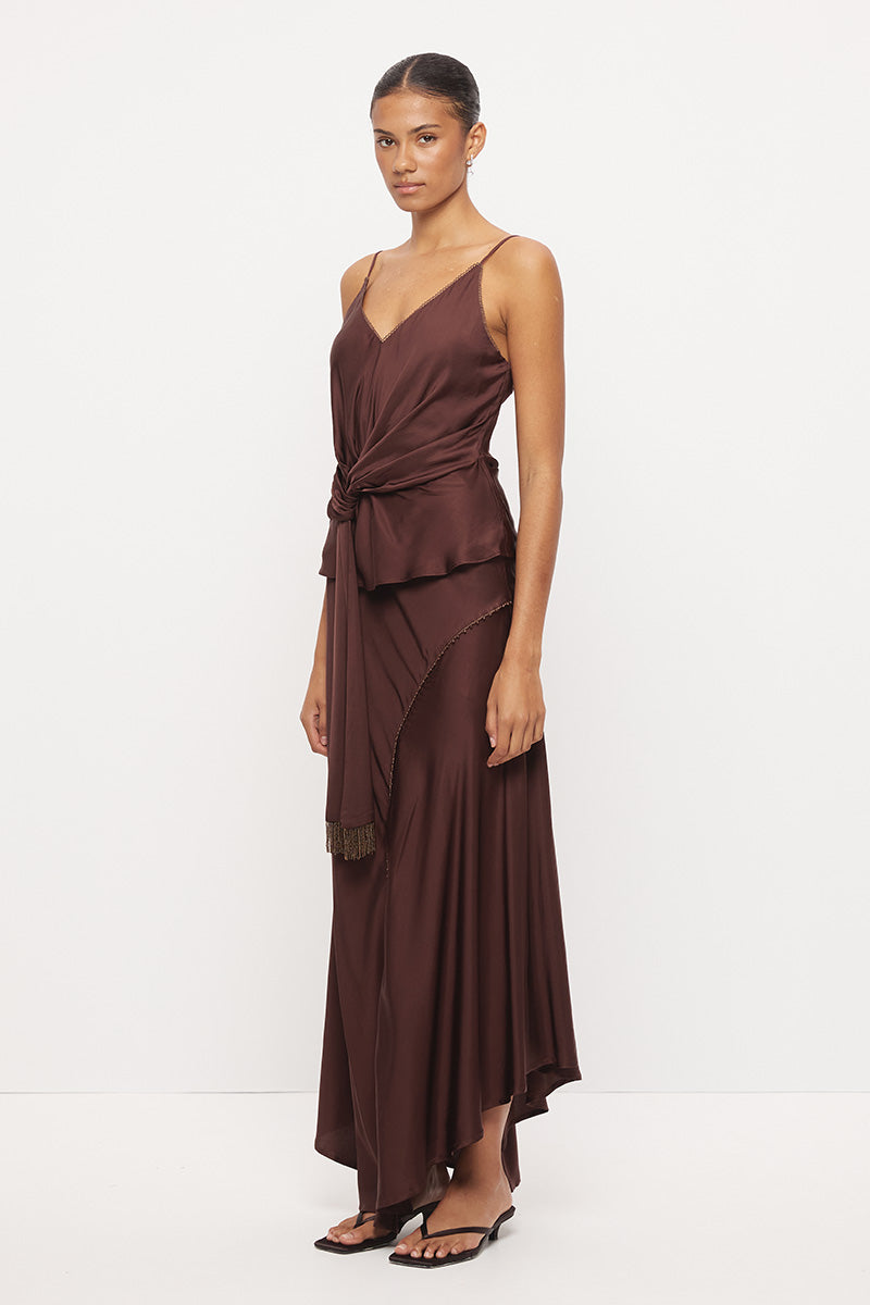 Bias-cut sateen camisole top with scalloped V-neckline, beaded tassel sash and adjustable straps