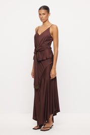 Bias-cut sateen camisole top with scalloped V-neckline, beaded tassel sash and adjustable straps