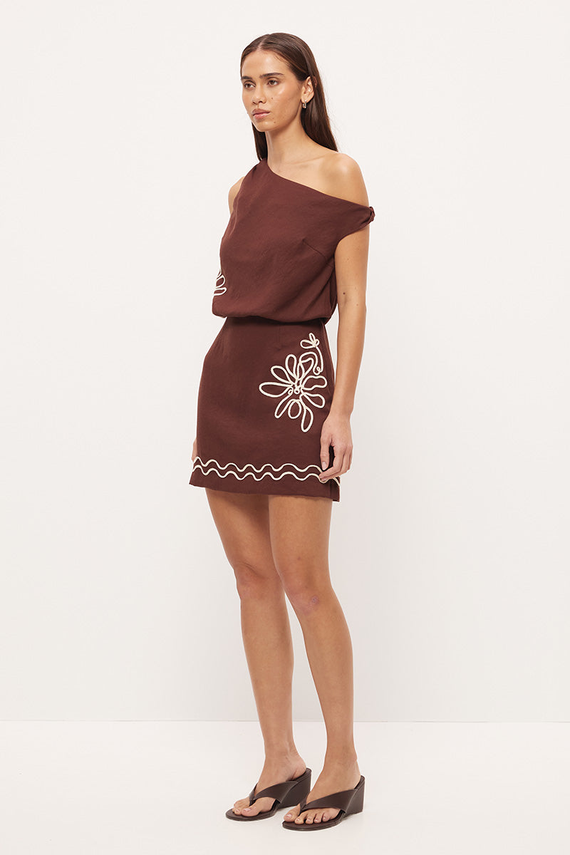 One-shoulder mini dress with blouson silhouette, twisted off-shoulder strap and cornelli embroidery