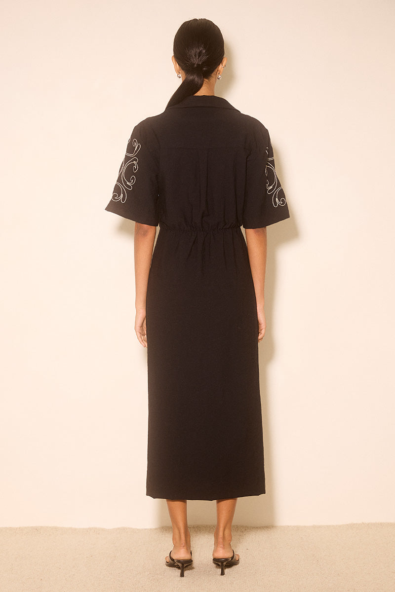 Zahra Embroidered Midi Dress Midnight Black