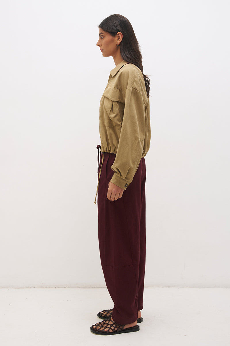 Cotton twill bomber jacket with balloon sleeves, patch pockets, drawcord hem and relaxed fit silhouette