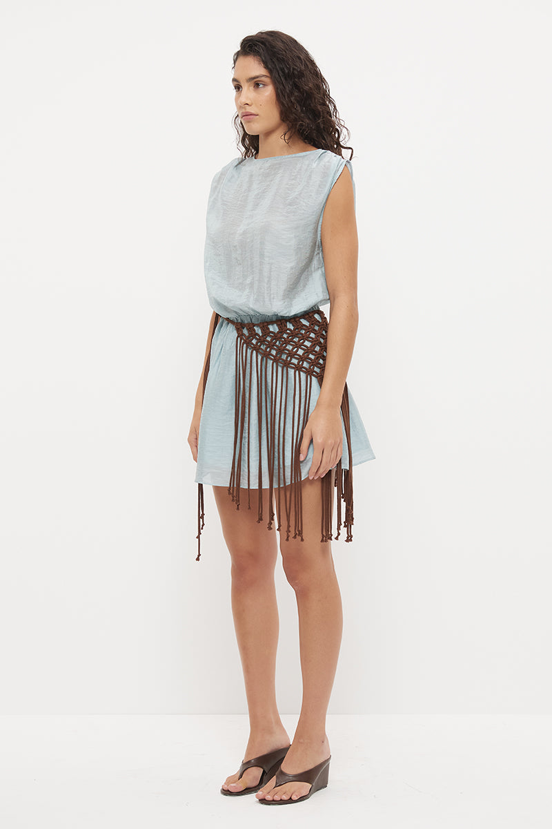 Sleeveless mini dress in sheer woven fabric with blouson bodice and tasseled scarf belt