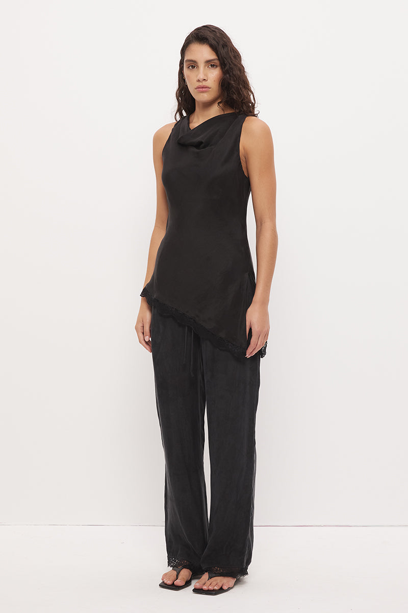 Sleeveless longline bias top with cowl neckline, scalloped lace hem and asymmetrical hem in silky cupro blend fabric
