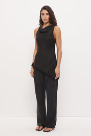 Sleeveless longline bias top with cowl neckline, scalloped lace hem and asymmetrical hem in silky cupro blend fabric