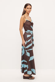 Strappy maxi dress in stretchy mesh with asymmetrical cowl neckline, plaited strap and long scarf in exclusive handcrafted print