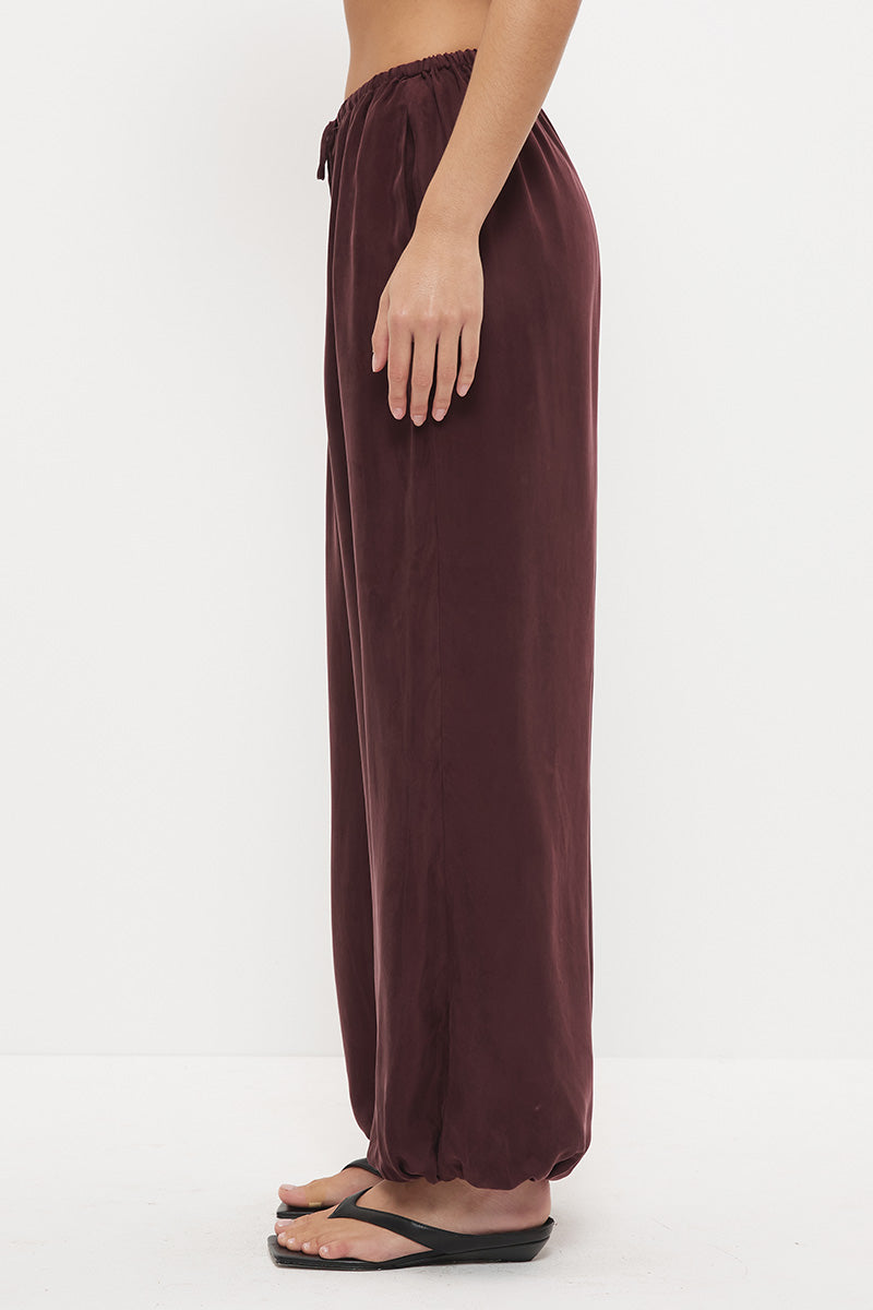 Mid-rise relaxed fit straight leg pants in brushed cupro satin with drawcord waist