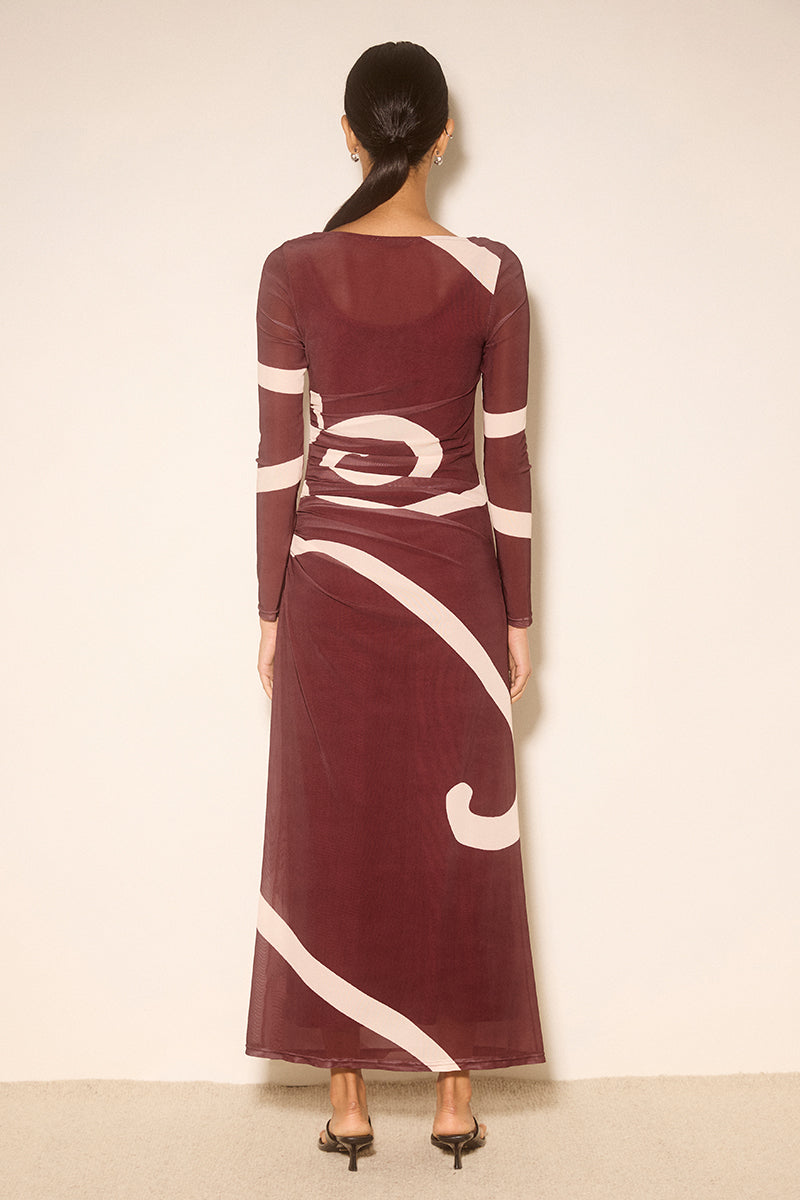 Long-sleeve mesh maxi dress in plum swirl with a skimming fit and straight midi-to-maxi length.