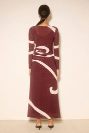 Long-sleeve mesh maxi dress in plum swirl with a skimming fit and straight midi-to-maxi length.