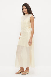 Sheer maxi dress with dropbeading embellishment and jewel neckline over separate slip