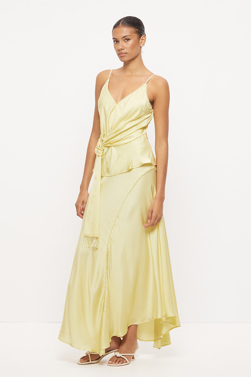 Bias-cut sateen camisole top with scalloped V-neckline, beaded tassel sash and adjustable straps